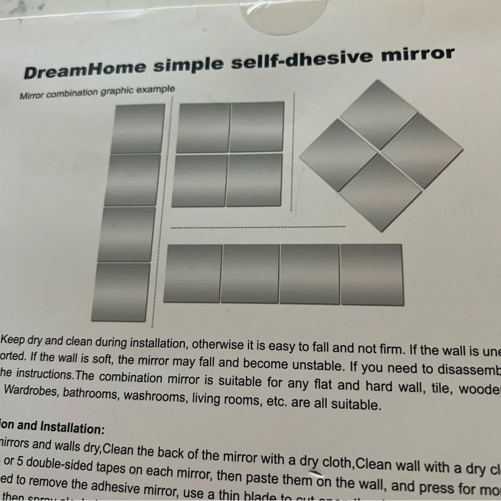 NWT DreamHome Self-Adhesive Mirror Tiles Four Square Mirrors Home Wall Decor